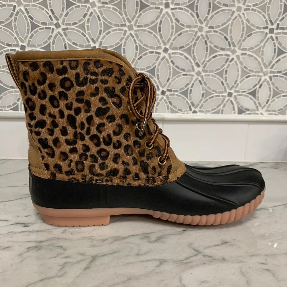 Marleylilly Women's Leopard Print Duck Boots Waterproof Faux Fur Size‎ 8